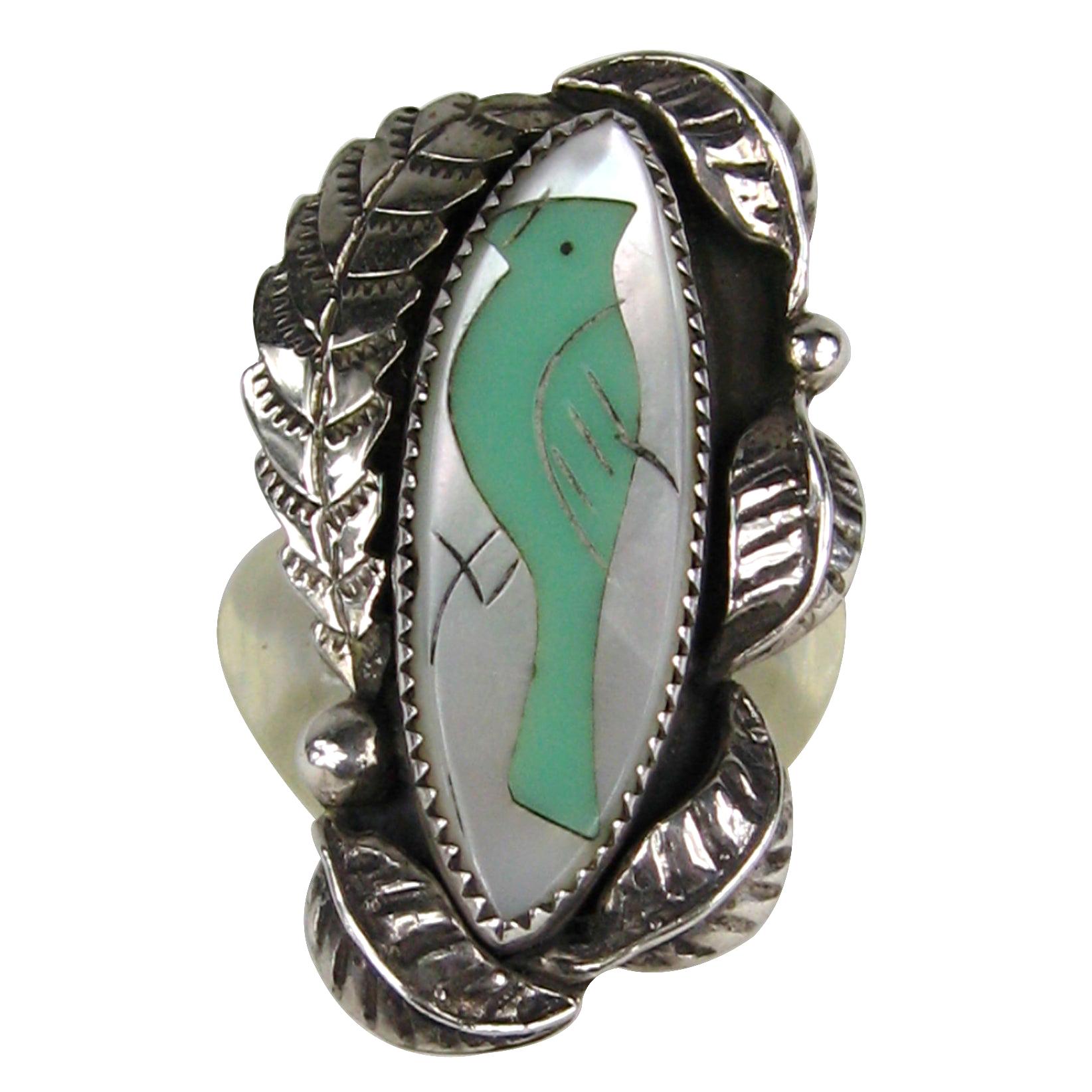 Vintage Old Pawn Sterling Silver Long Native American Ring Coral and Turquoise Statement Ring