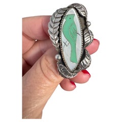 A Silver Bague Native American Old Pawn Turquoise Mother Of Pearl