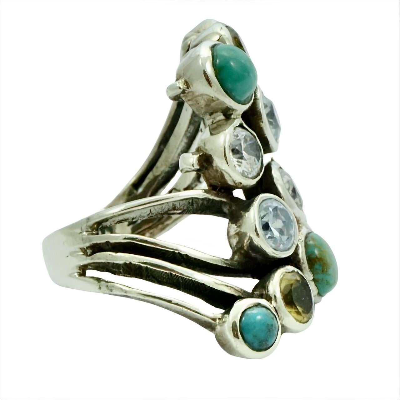 Sterling Silver Ring set with Turquoise, Citrine, Topaz and Clear Crystal Stones In Good Condition For Sale In London, GB