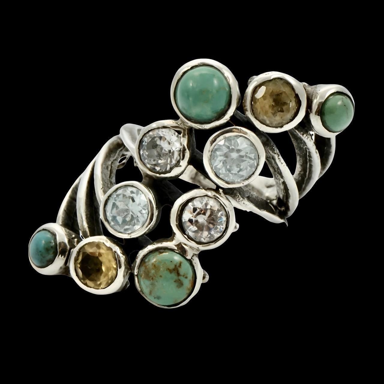 Sterling Silver Ring set with Turquoise, Citrine, Topaz and Clear Crystal Stones For Sale 1