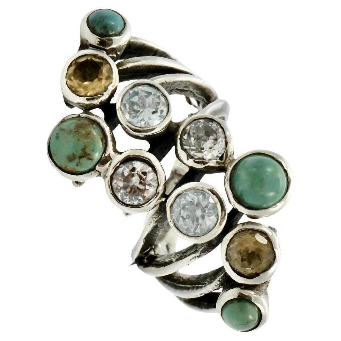 Sterling Silver Ring set with Turquoise, Citrine, Topaz and Clear Crystal Stones For Sale