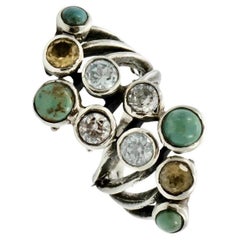 Sterling Silver Ring set with Turquoise, Citrine, Topaz and Clear Crystal Stones