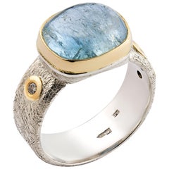 Silver Ring with 3 Diamonds,  Aquamarine and Gold Details