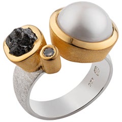 Sterling Silver Ring with 14 Karat Gold, White Pearl, 0.07 Carat Brilliant