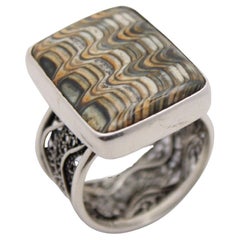 Contemporary Sterling Silver Ring with Anadara Fossil and Filigree band