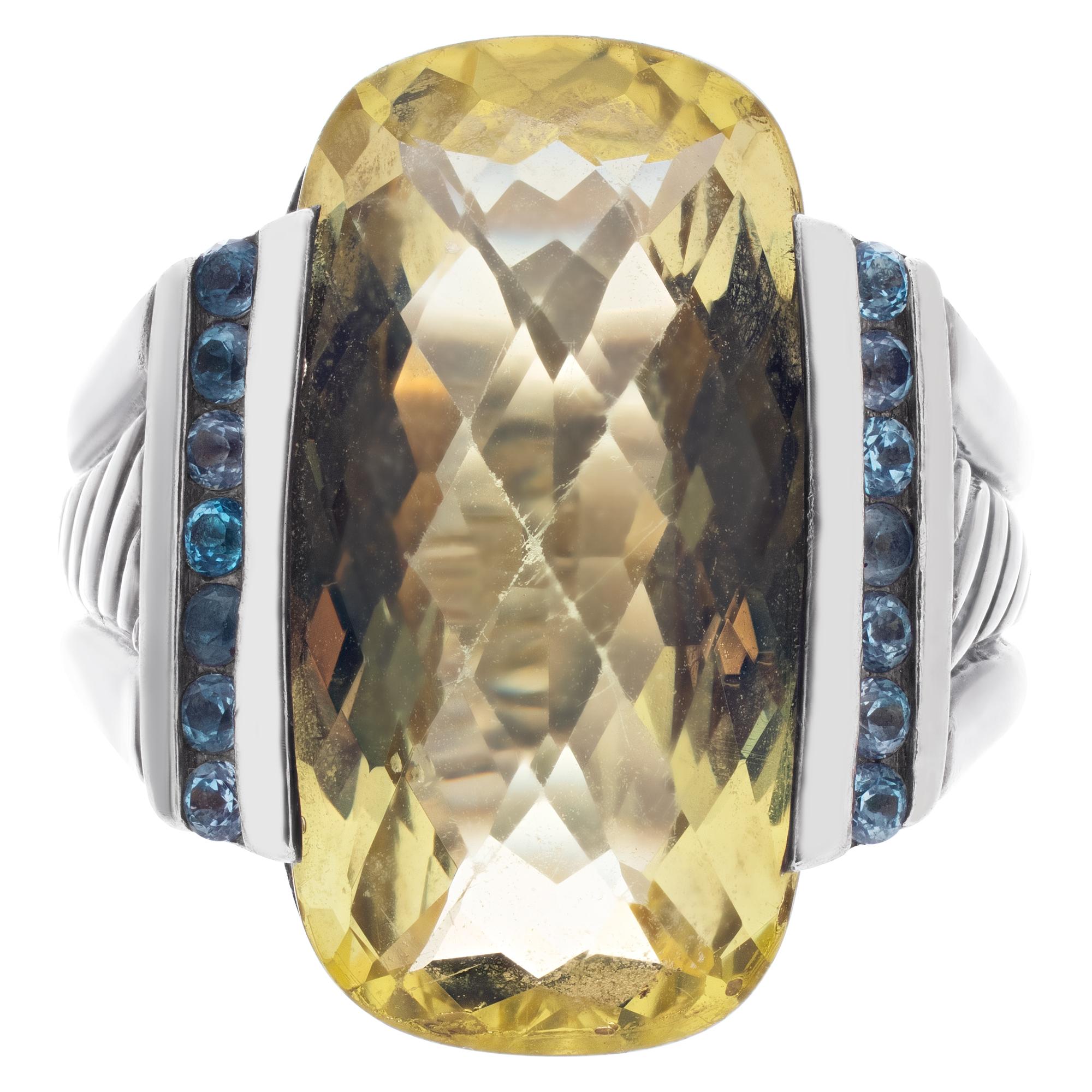David Yurman art deco style sterling silver ring with center lemon quartz and accent blue diamonds. Size 7.25, head measures 17.5mm x 22mm, shank measures 5mm.

This David Yurman ring is currently size 7.25 and some items can be sized up or down,
