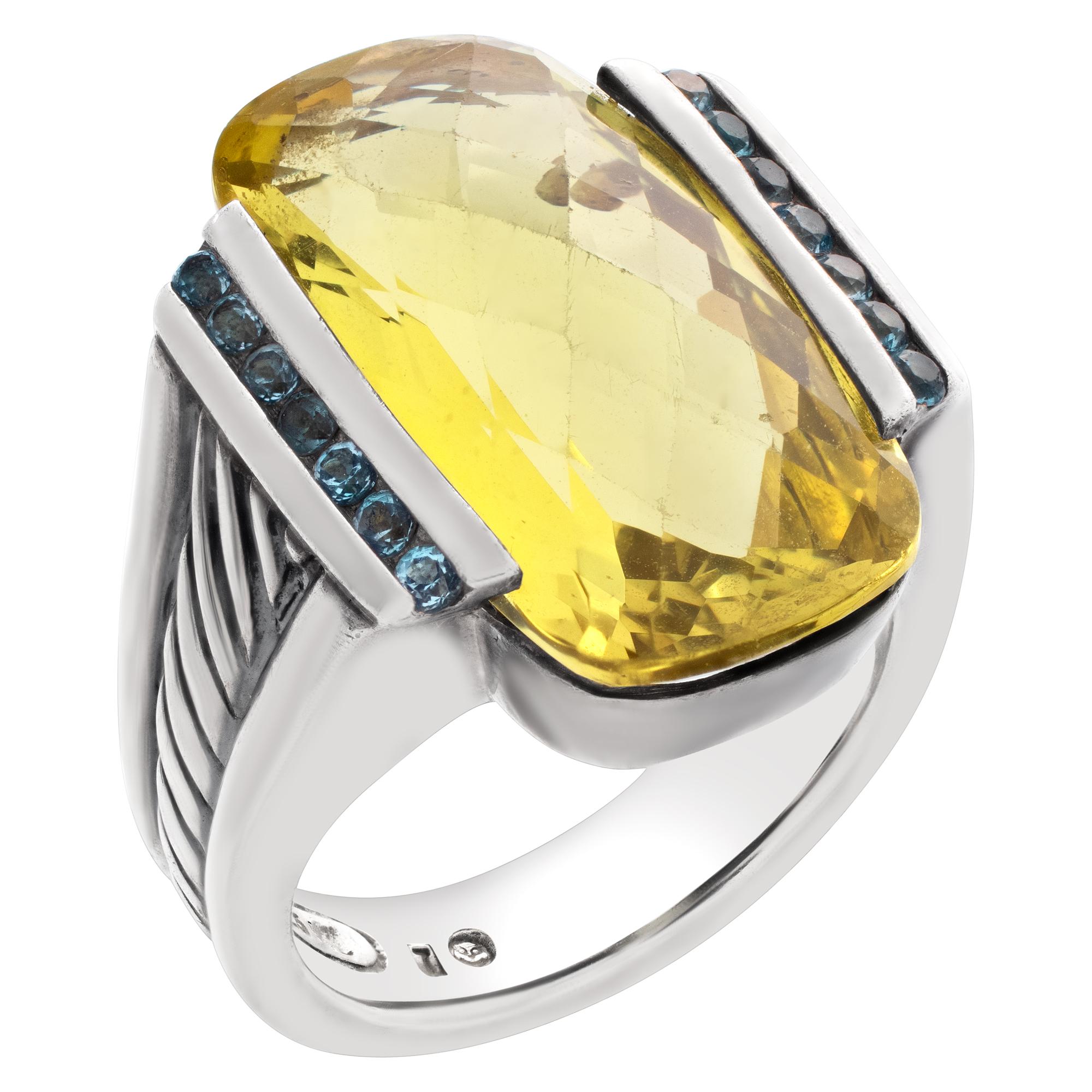 Sterling Silver Ring with Center Lemon Quartz, David Yurman Art Deco Style In Excellent Condition In Surfside, FL