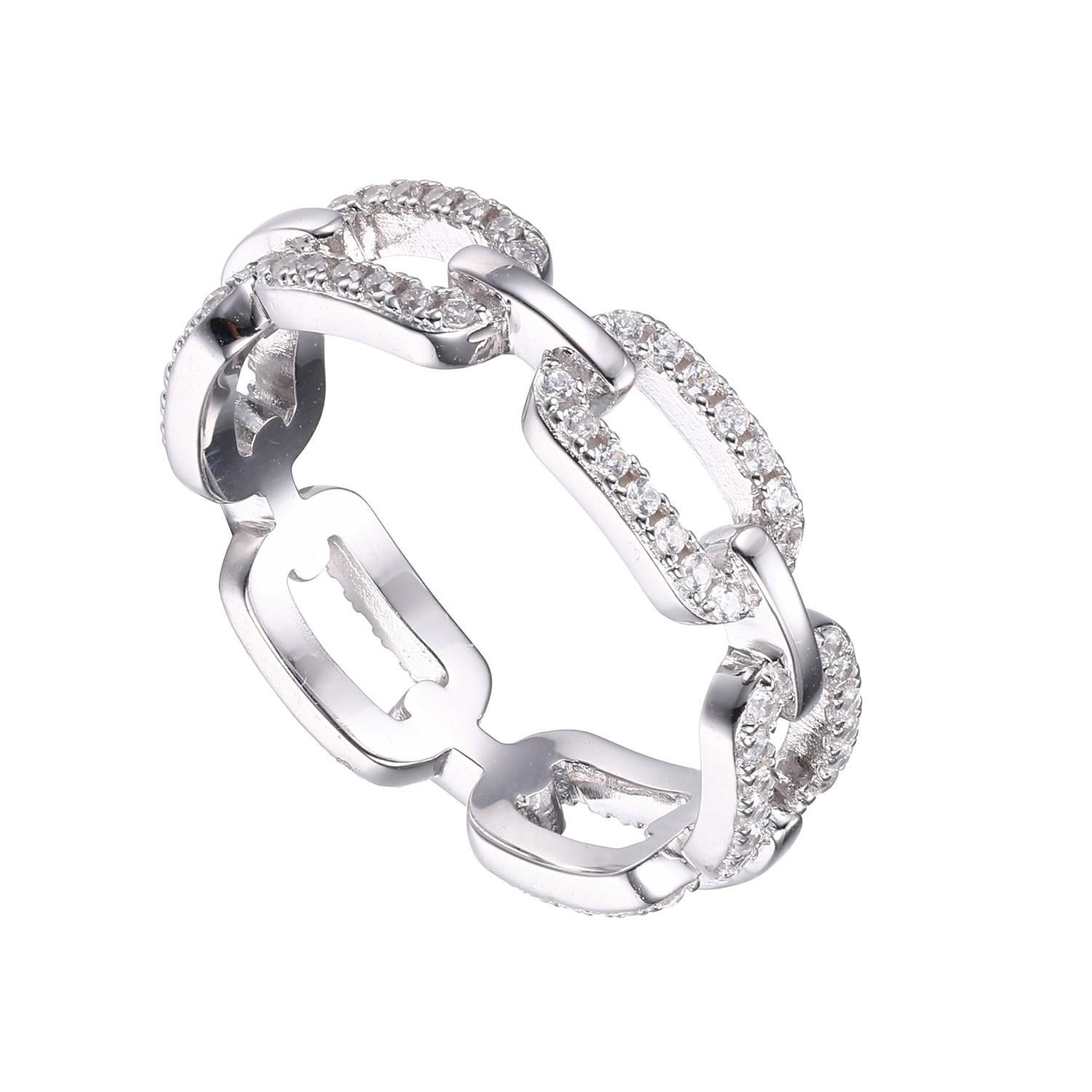 Modern Sterling Silver Ring with CZ Links, Size 7, Rhodium Finish For Sale