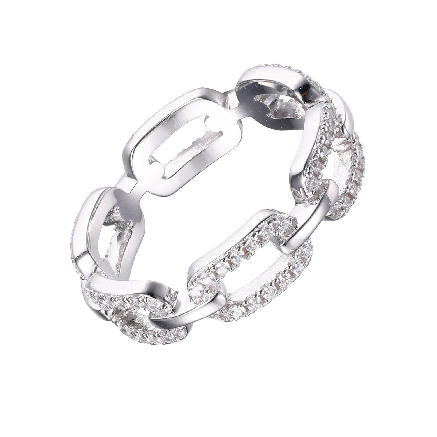 Round Cut Sterling Silver Ring with CZ Links, Size 7, Rhodium Finish For Sale