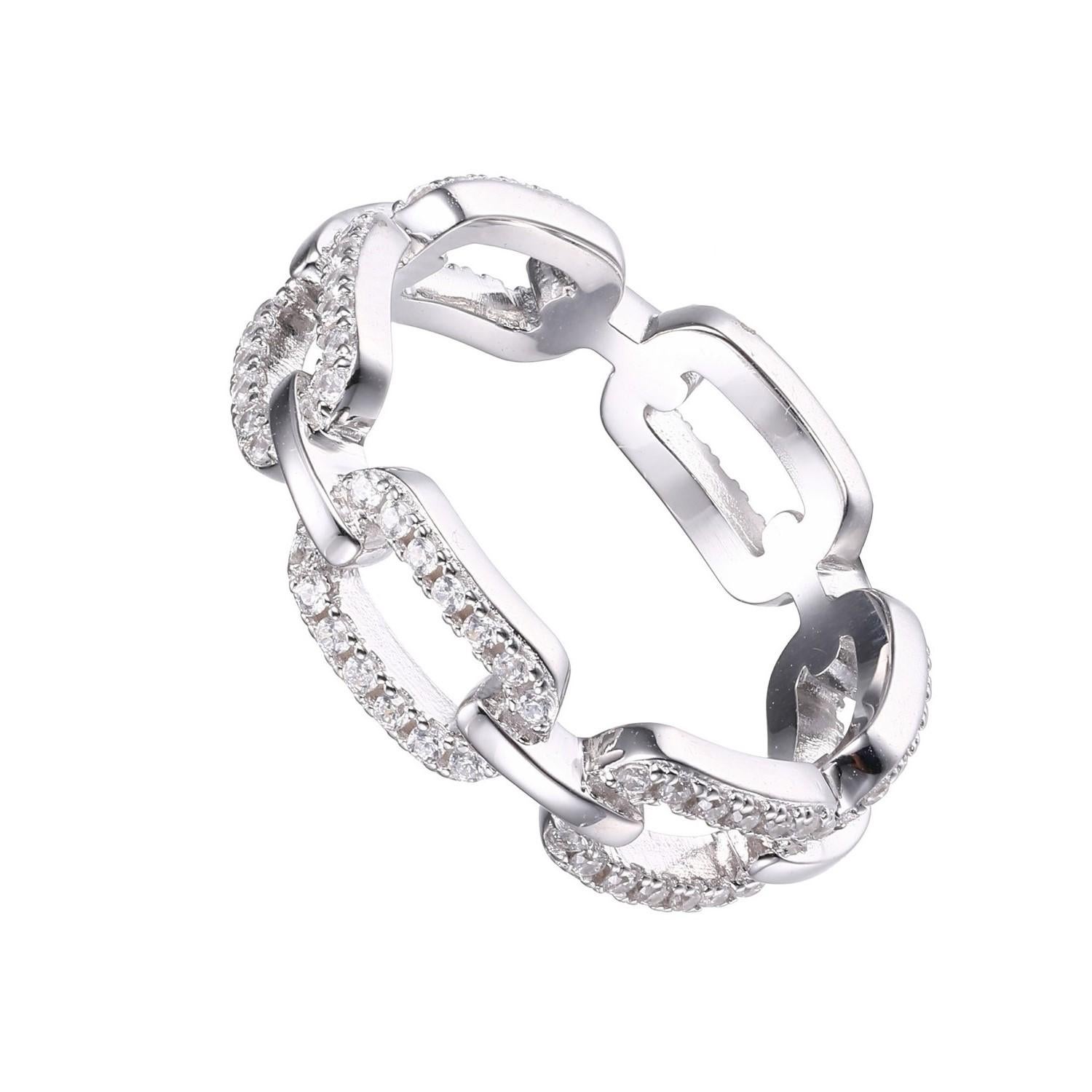 Sterling Silver Ring with CZ Links, Size 7, Rhodium Finish In New Condition For Sale In Dallas, TX