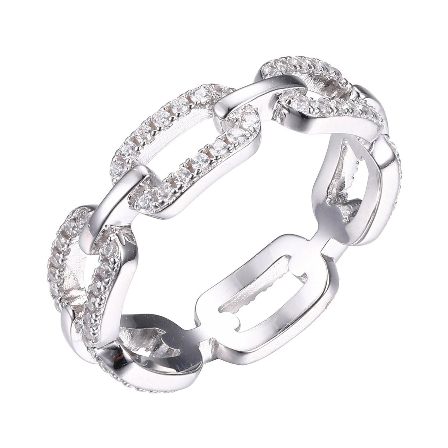 Sterling Silver Ring with CZ Links, Size 7, Rhodium Finish For Sale