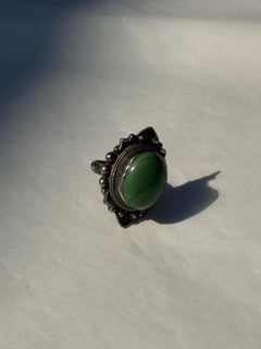 Sterling Silver Ring with Large Green Howlite Cabochon and Ornate Boho Setting
