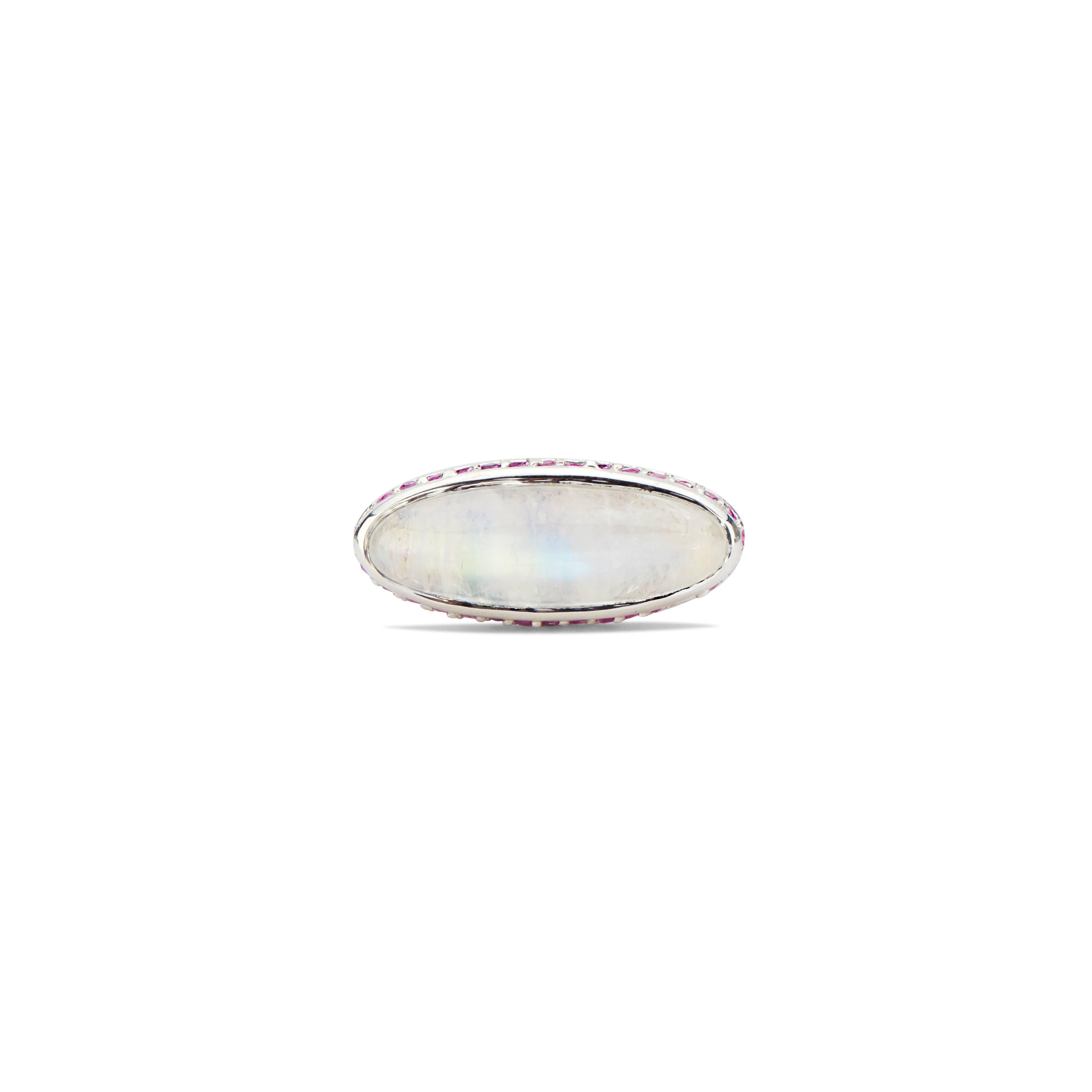 Contemporary Sterling Silver Ring with Moonstone Cabochon and Pink Sapphire Halo