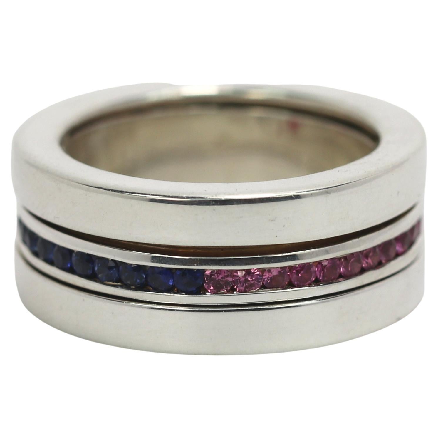 Modern Sterling Silver Ring with Moveable Blue and Pink Sapphires For Sale