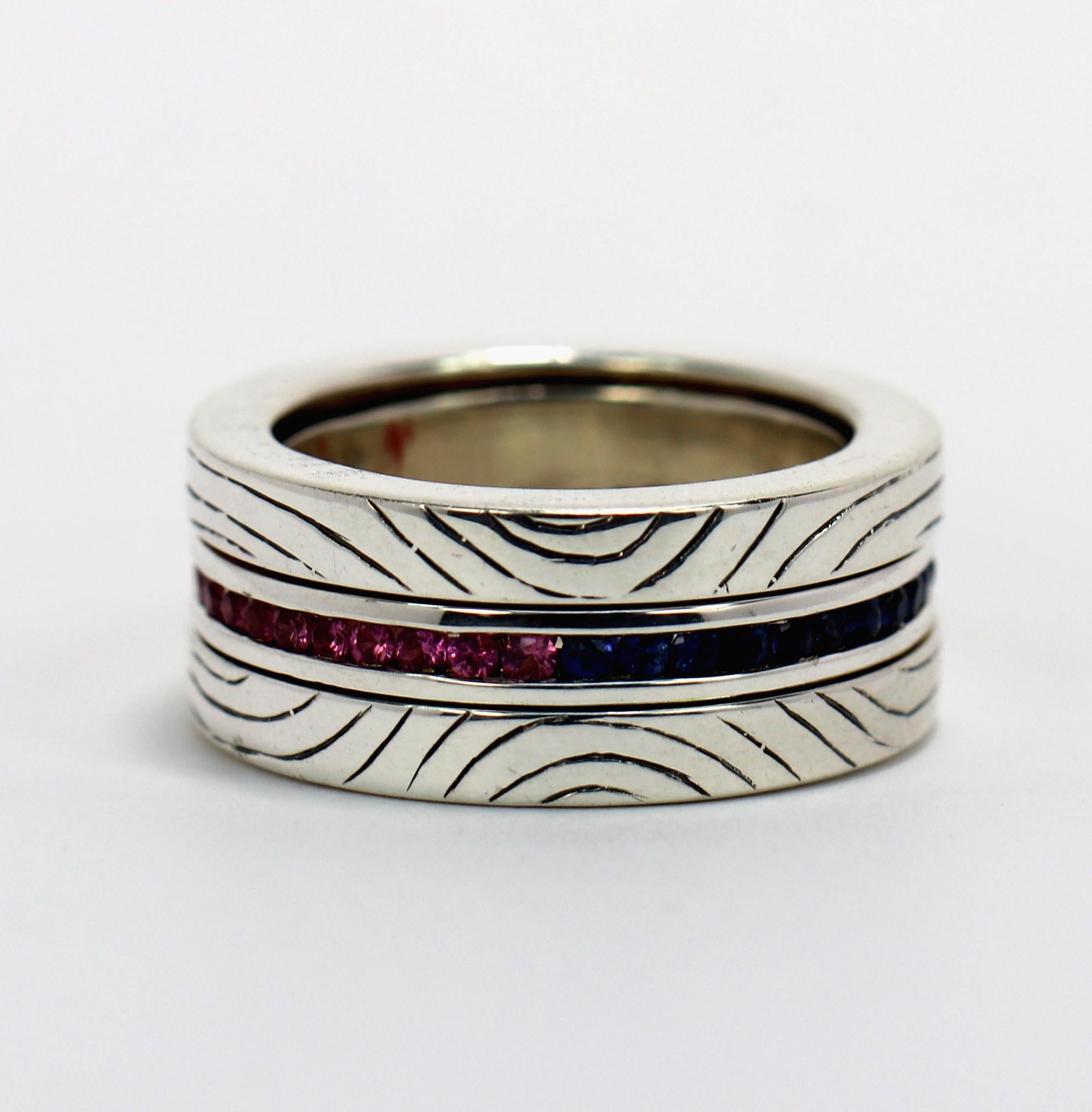 Brilliant Cut Sterling Silver Ring with Moveable Blue and Pink Sapphires For Sale