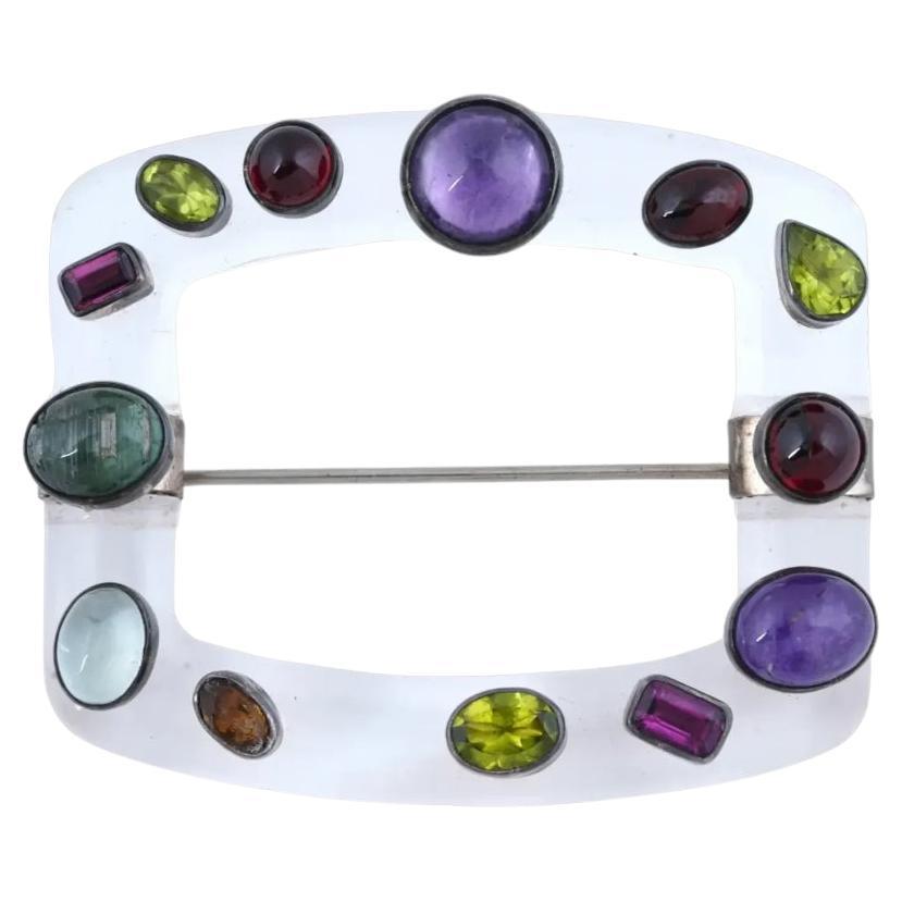 Sterling Silver Rock Crystal Semi Precious Stone Brooch