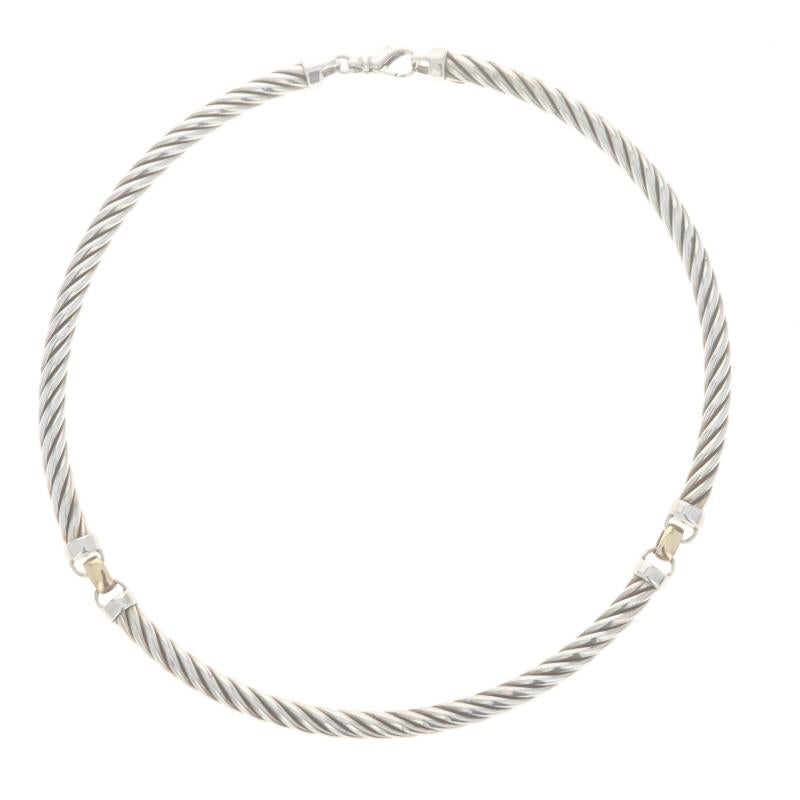 Metal Content: Sterling Silver & 18k Yellow Gold

Style: Collar
Fastening Type: Lobster Claw Clasp
Theme: Rope, Cable
Features: Hollow Constructed Rope Sections

Measurements

Inner Circumference: 15 1/2