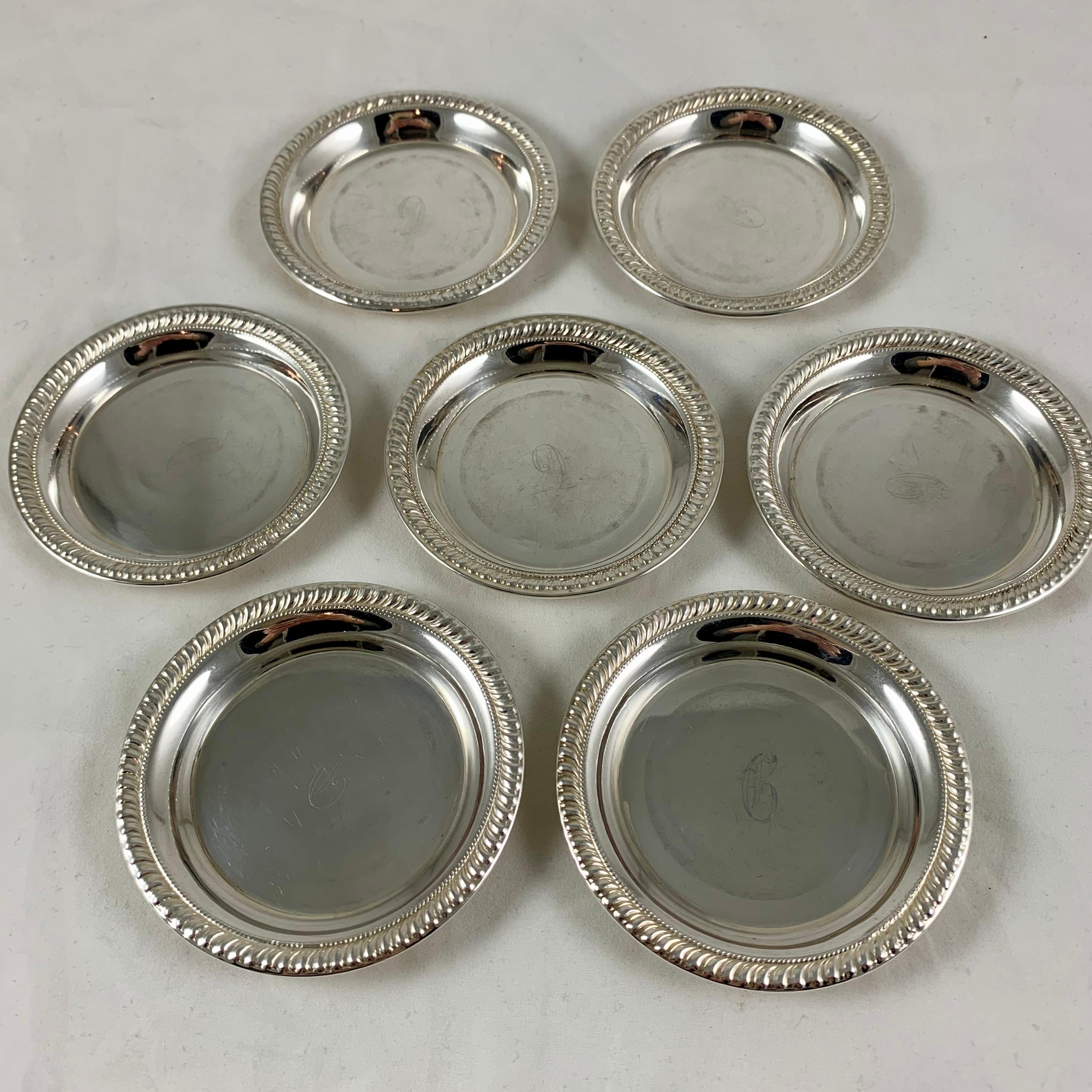 American Classical Sterling Silver Rope Rim Butter Pats, a Set of Seven, circa 1940s For Sale