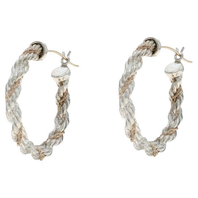 Orecchini a cerchio in corda d'argento 925 14k con chiusura a forcella in vendita