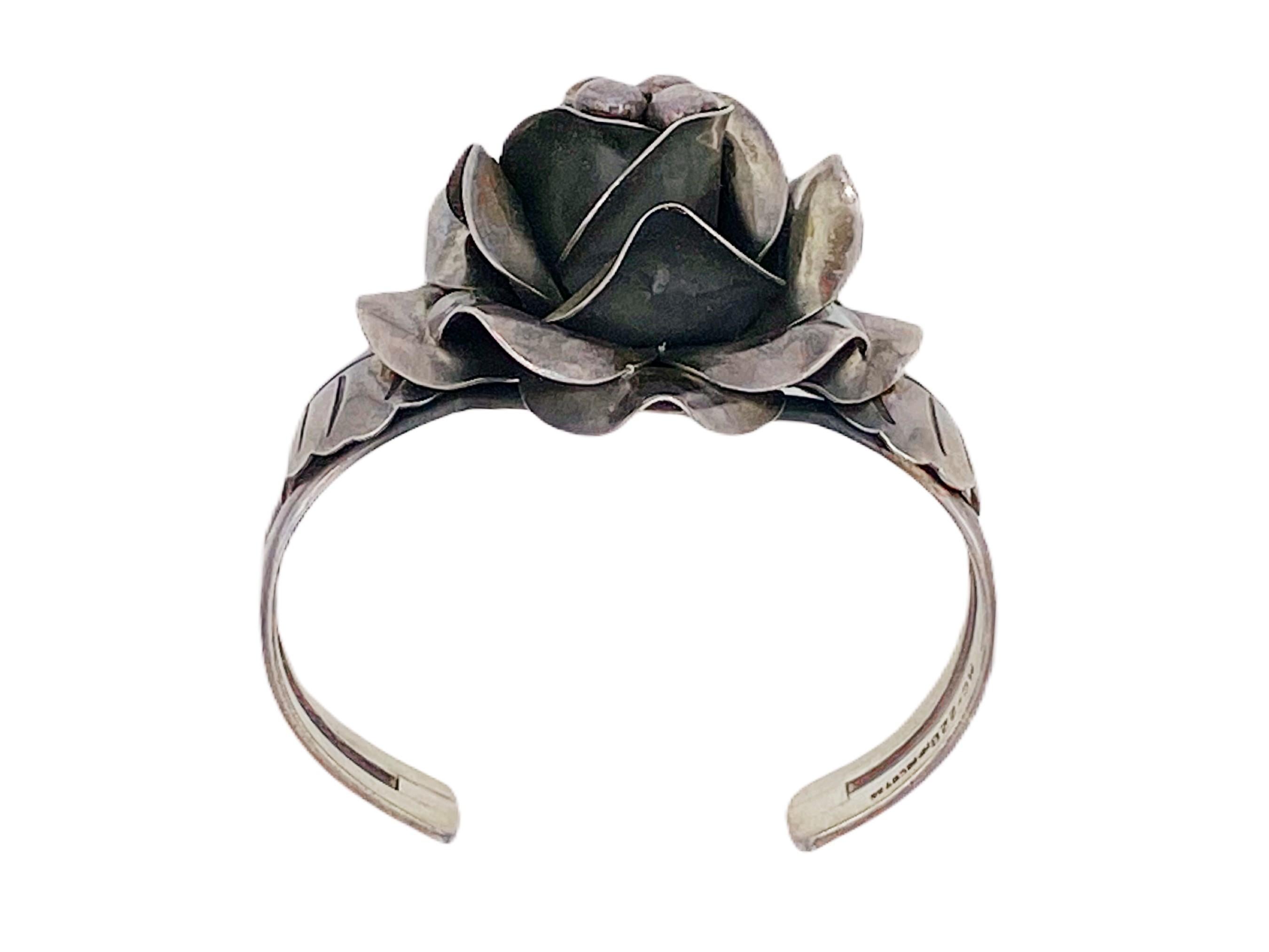 Sterling Silver Rose 3-Dimensional Flower Mexico Signed Statement Cuff Bracelet In Good Condition In North Attleboro, MA