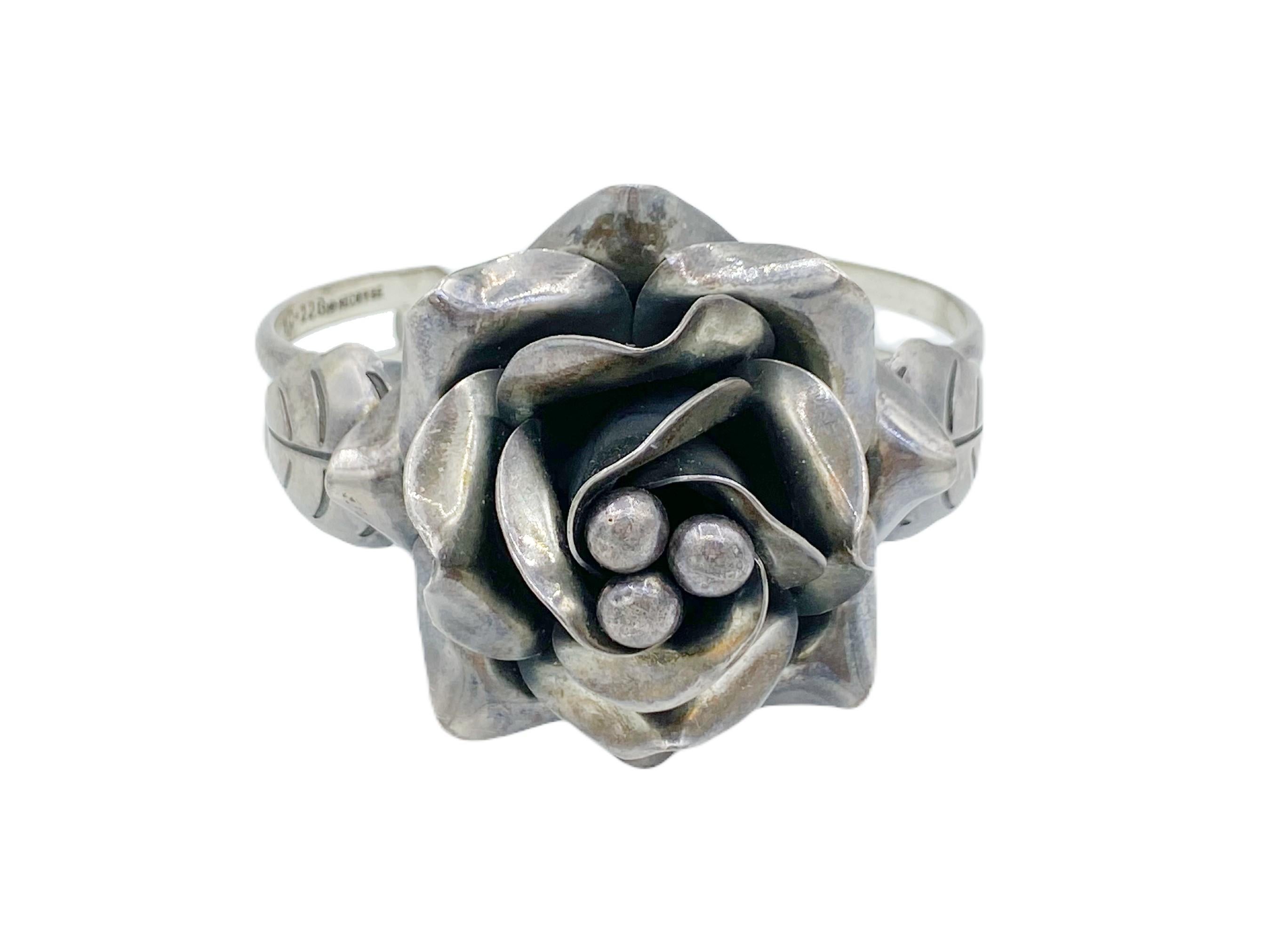 Sterling Silver Rose 3-Dimensional Flower Mexico Signed Statement Cuff Bracelet 1