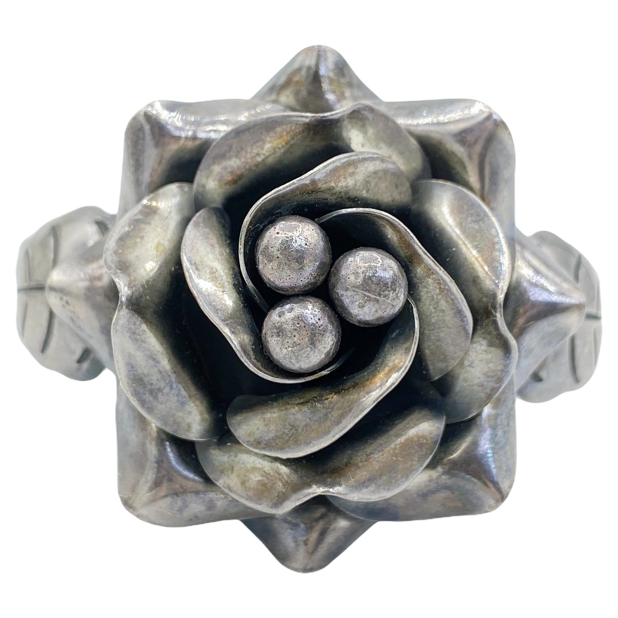Sterling Silver Rose 3-Dimensional Flower Mexico Signed Statement Cuff Bracelet