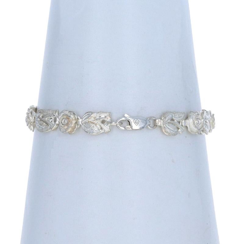 De las mujeres Pulsera de eslabones Flor de rosa de plata de ley 7