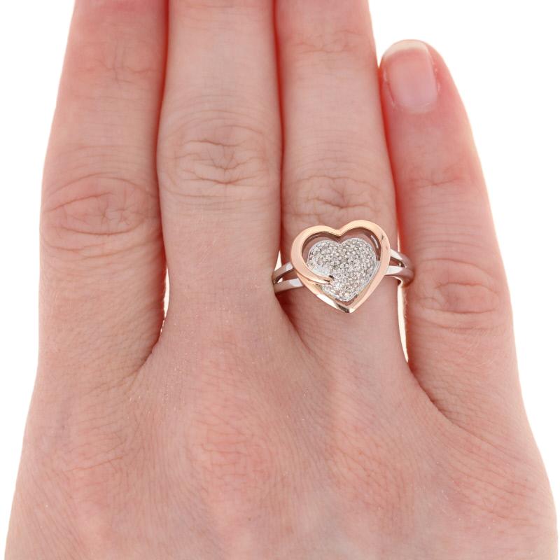 For Sale:  Sterling Silver & Rose Gold Diamond Ring 925 & 14k Single .20ctw Cluster Heart 3