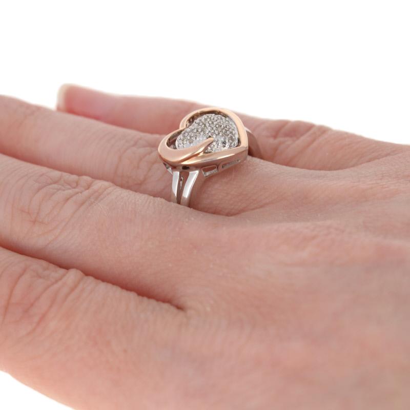 For Sale:  Sterling Silver & Rose Gold Diamond Ring 925 & 14k Single .20ctw Cluster Heart 4