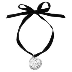 Sterling Silver Rosette Pendant Velvet Ribbon Necklace