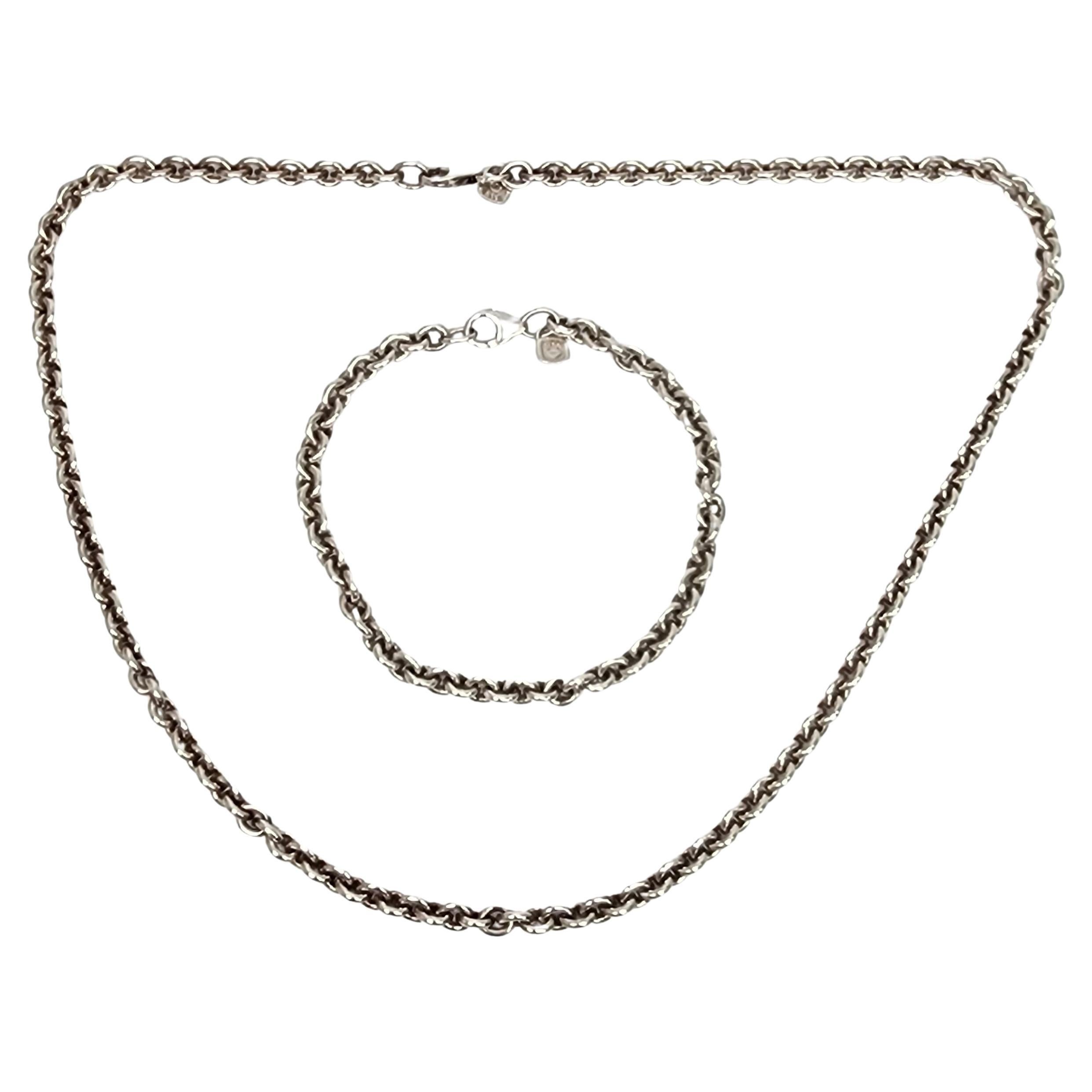 Sterling Silver Round Link Chain Necklace and Bracelet Set #16604 For Sale