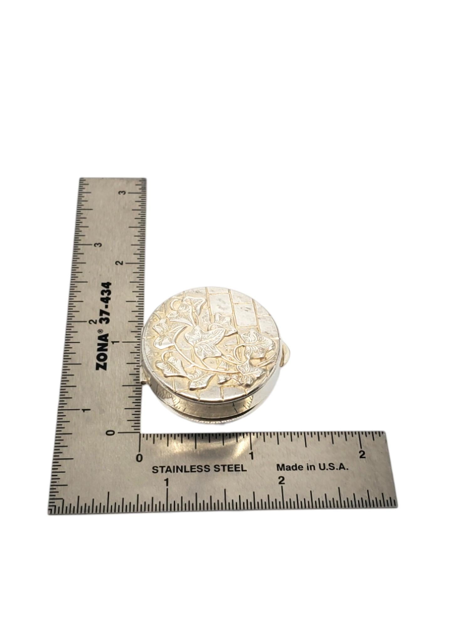 Sterling Silver Round Pill Box With Ivy Design # 19683 For Sale 4