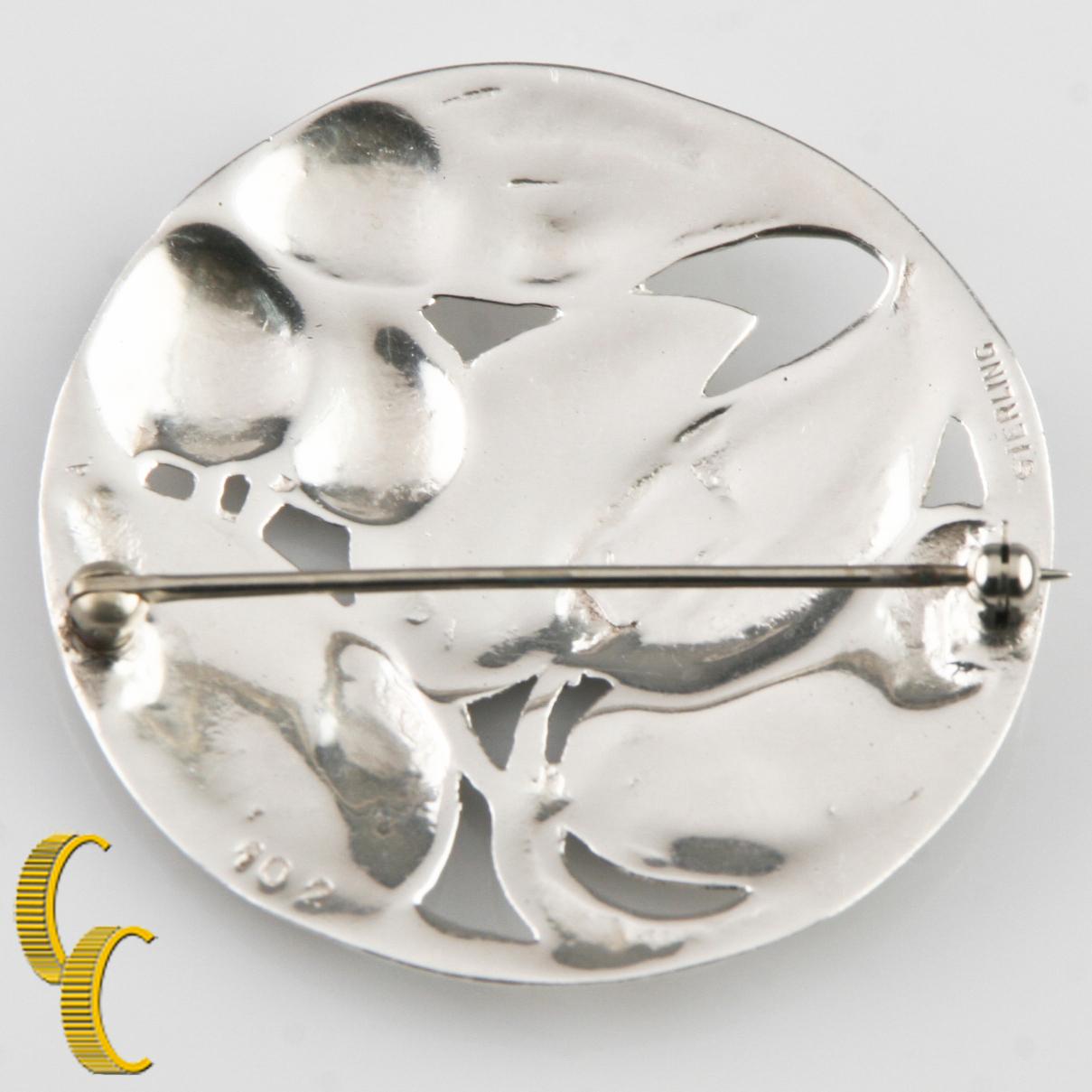 Gorgeous sterling silver brooch.
Features repousse leaves and berries motif.
Reverse is stamped 