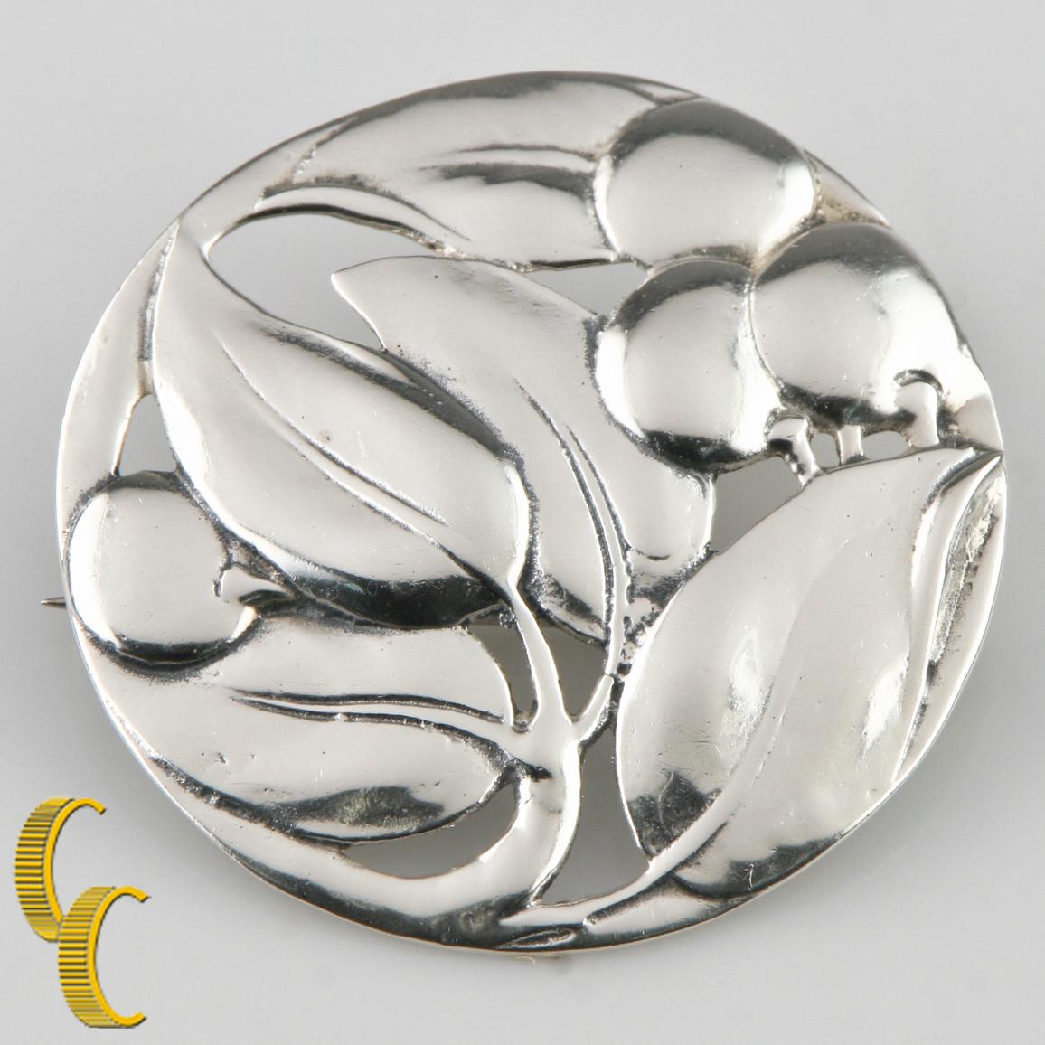Modern Sterling Silver Round Repousse Leaves and Berries Brooch For Sale
