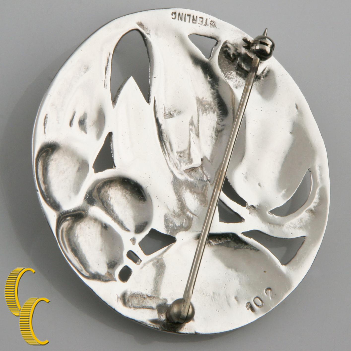 Sterling Silver Round Repousse Leaves and Berries Brooch In Good Condition For Sale In Van Nuys, CA