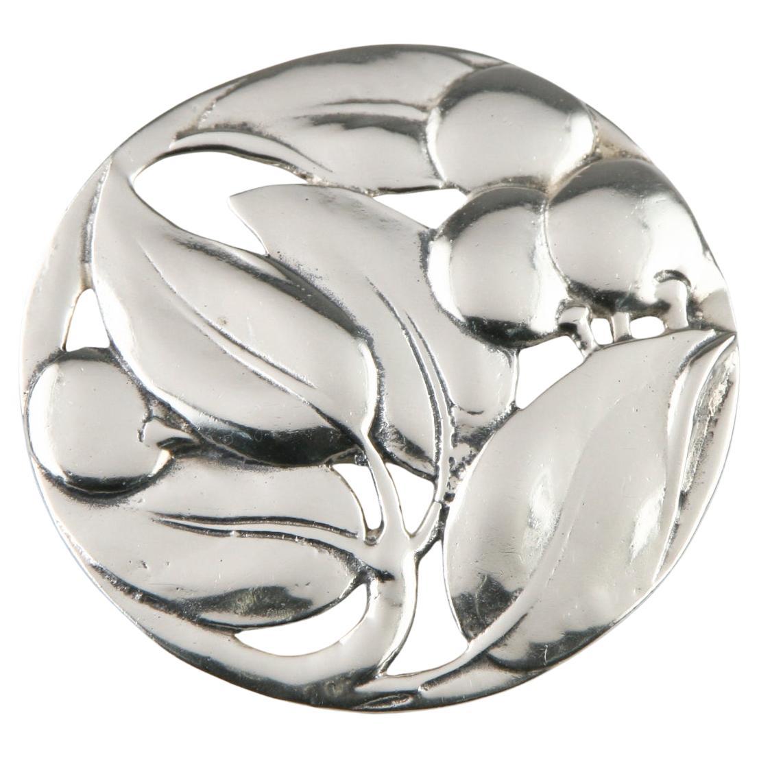 Sterling Silver Round Repousse Leaves and Berries Brooch