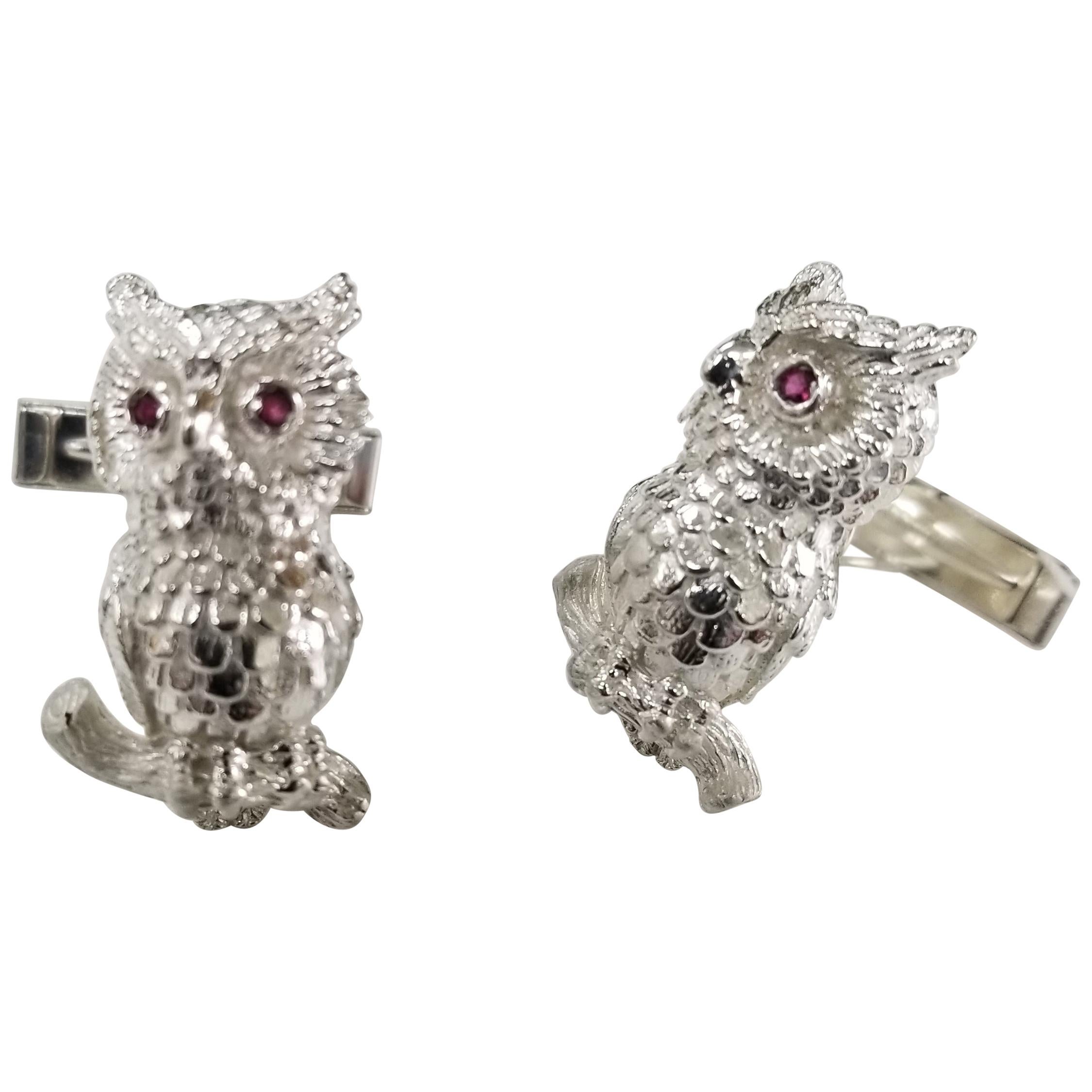 Sterling Silver Rubies "Owl" Cufflinks For Sale