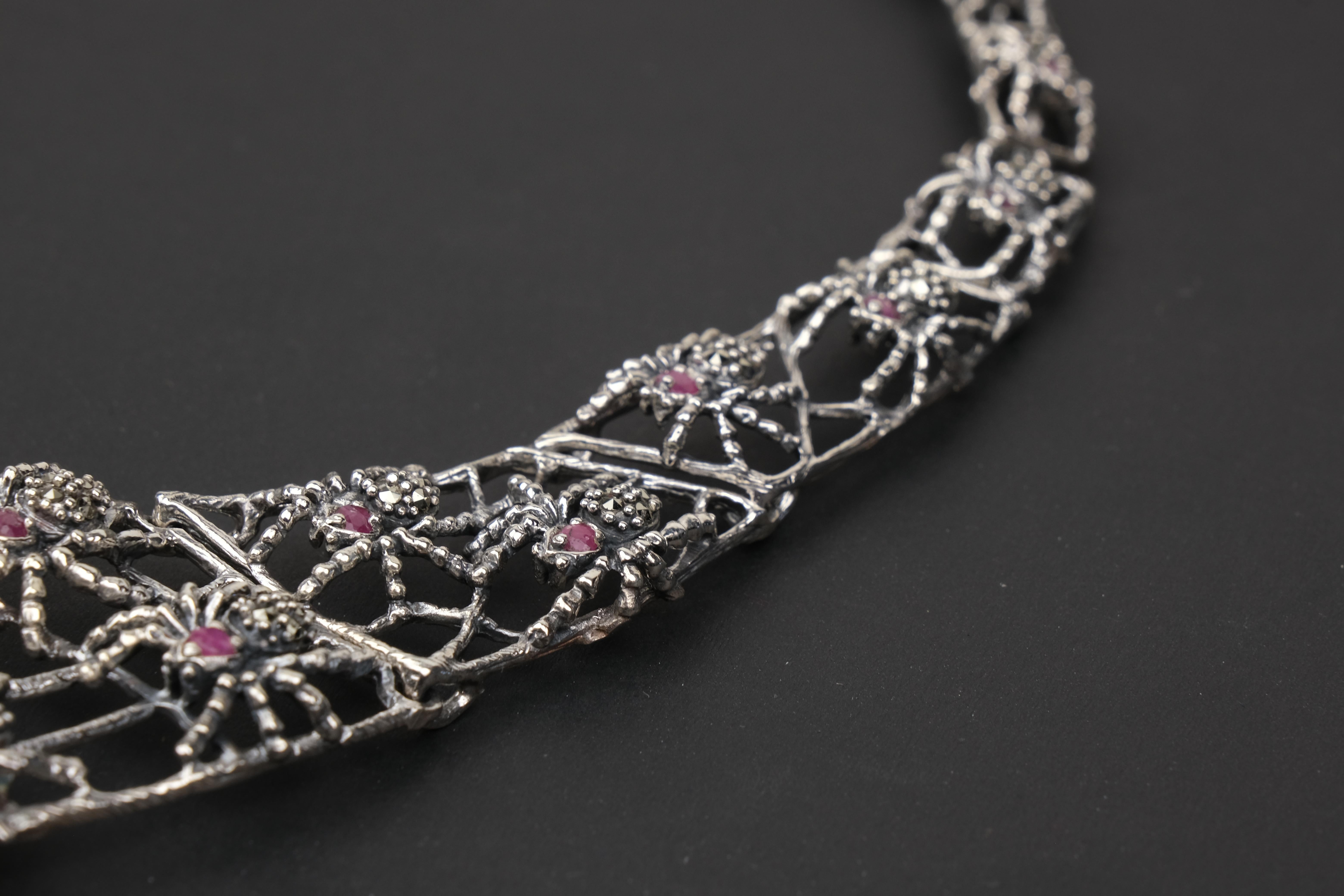 Round Cut Sterling Silver Ruby and Marcasite Spider and Web Bib Necklace For Sale