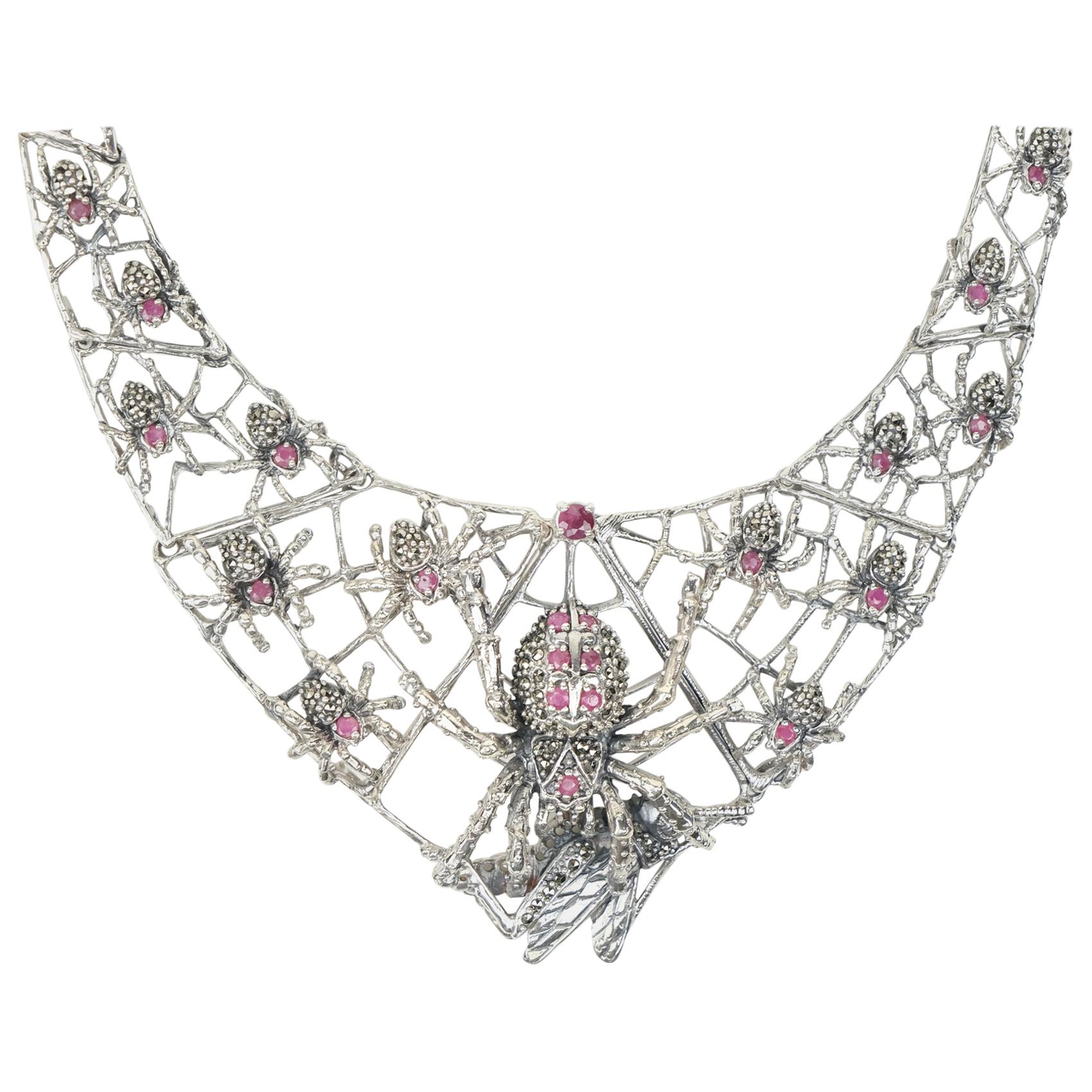 Sterling Silver Ruby and Marcasite Spider and Web Bib Necklace For Sale