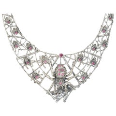 Sterling Silver Ruby and Marcasite Spider and Web Bib Necklace
