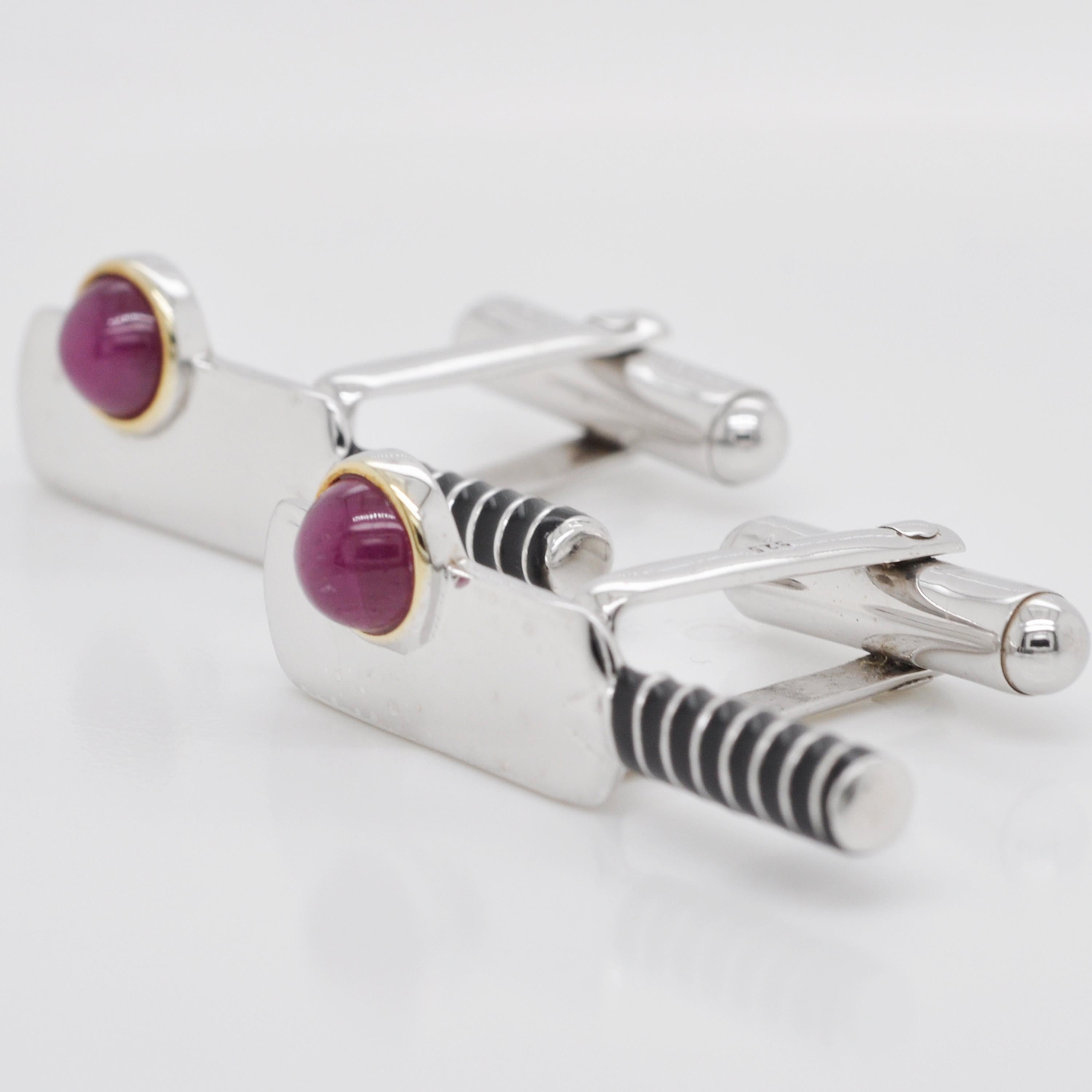 Sterling Silver Ruby Cabochon Cricket Ball Bat Enamel Cufflinks In New Condition For Sale In Jaipur, Rajasthan