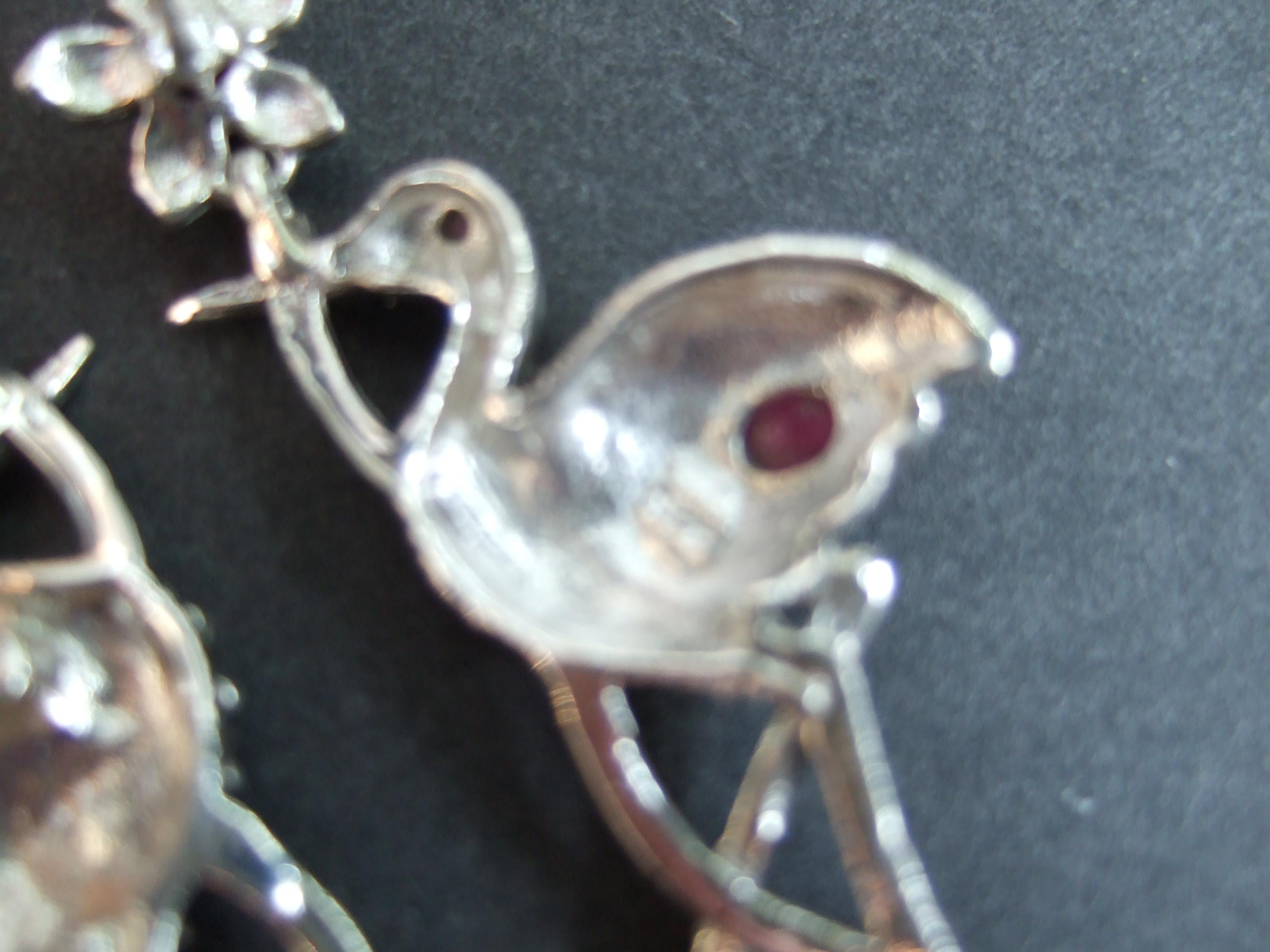 Sterling Silver Ruby Crystal Fresh Water Pearl Marcasite Bird Earrings 21st c For Sale 3