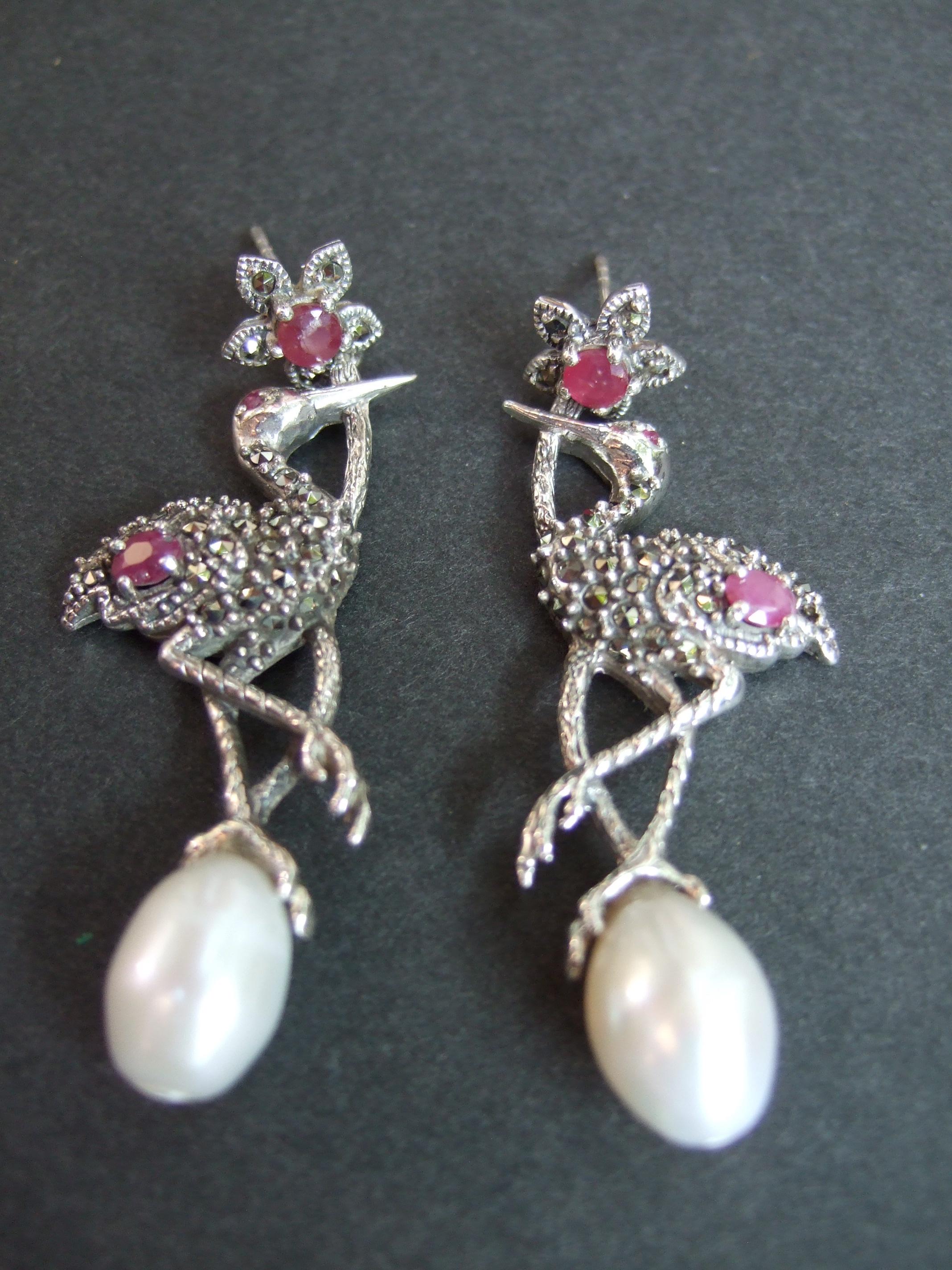 Oval Cut Sterling Silver Ruby Crystal Fresh Water Pearl Marcasite Bird Earrings 21st c For Sale