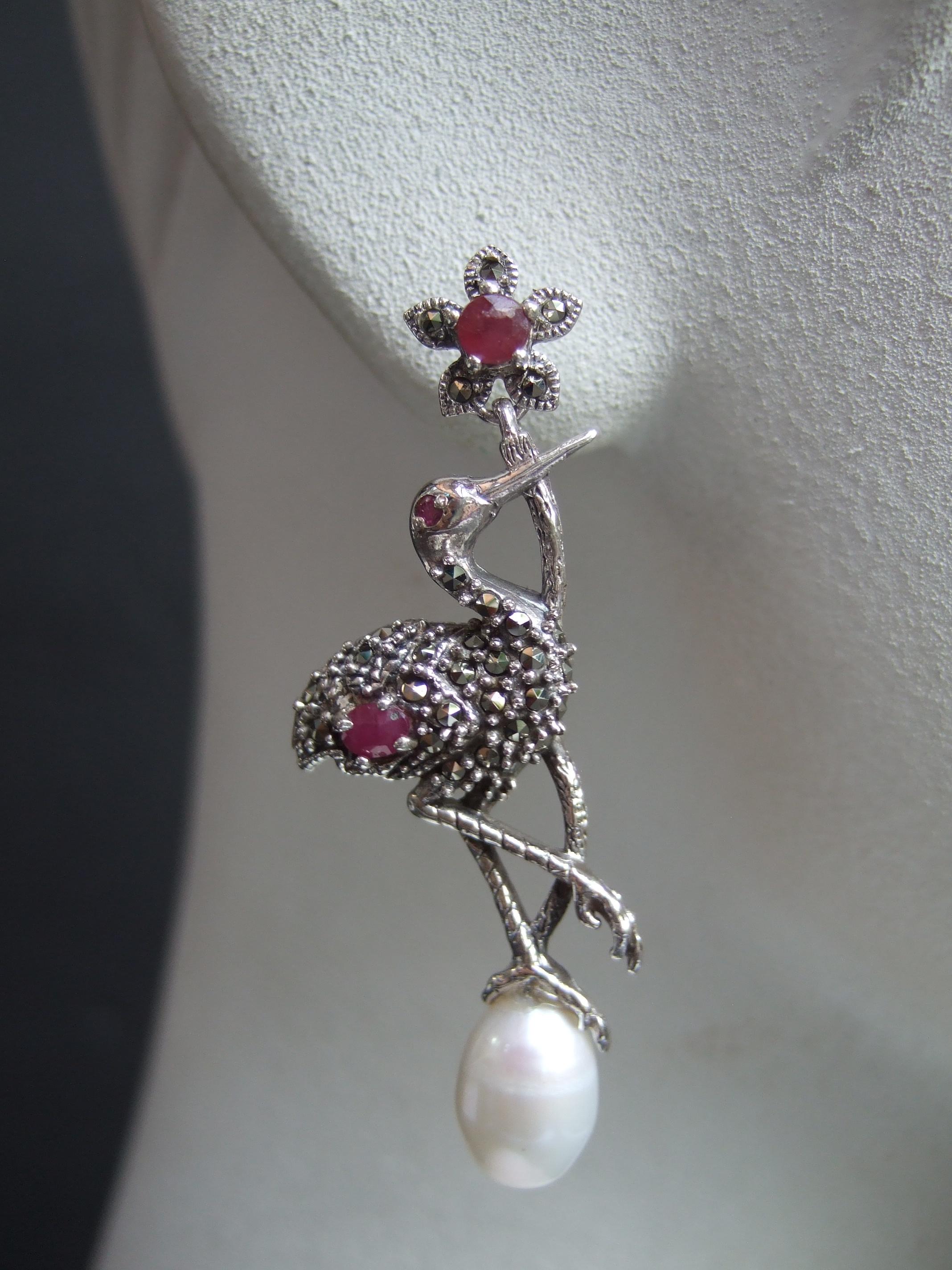 Women's Sterling Silver Ruby Crystal Fresh Water Pearl Marcasite Bird Earrings 21st c For Sale
