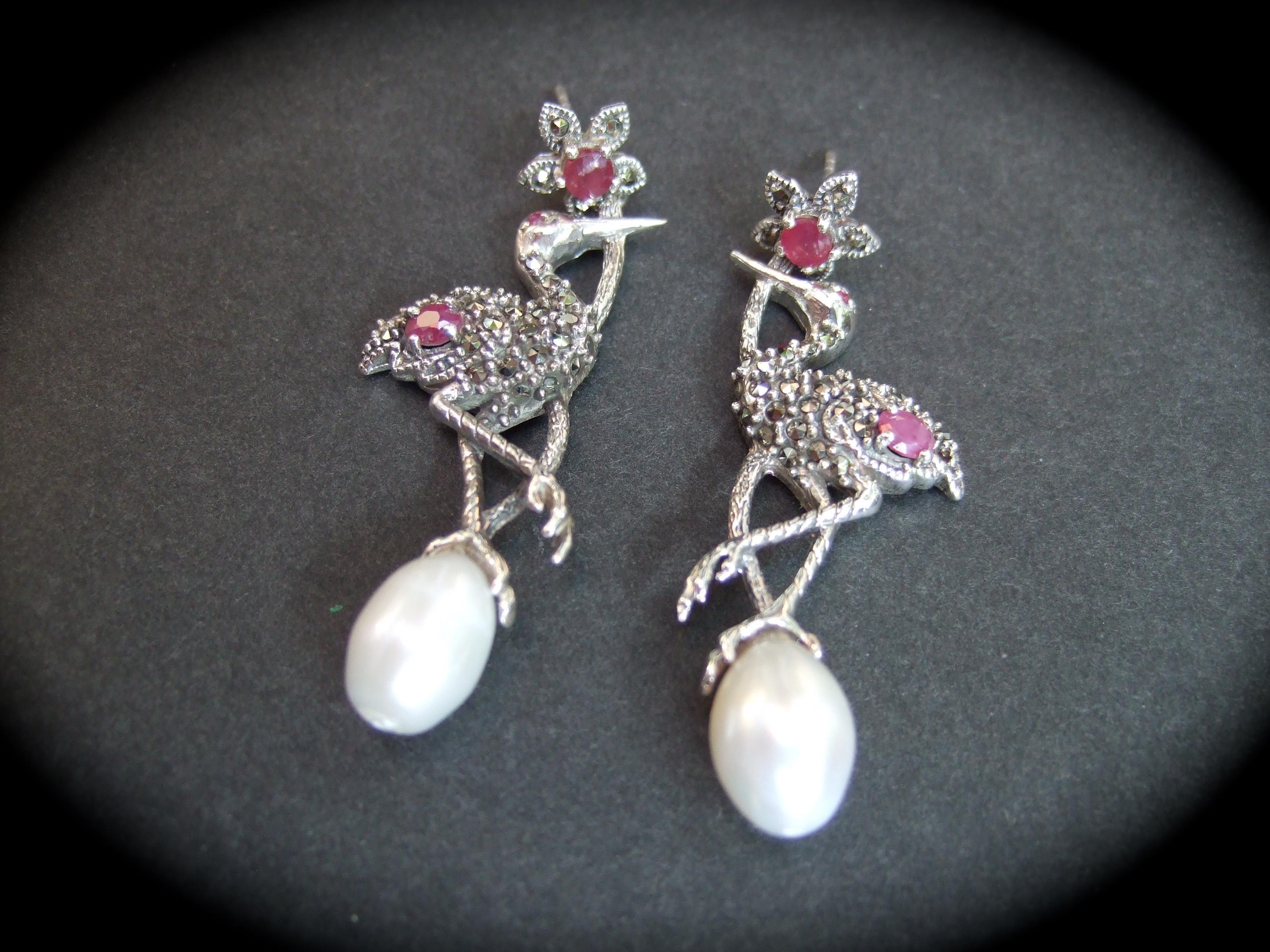 Sterling Silver Ruby Crystal Fresh Water Pearl Marcasite Bird Earrings 21st c For Sale 1