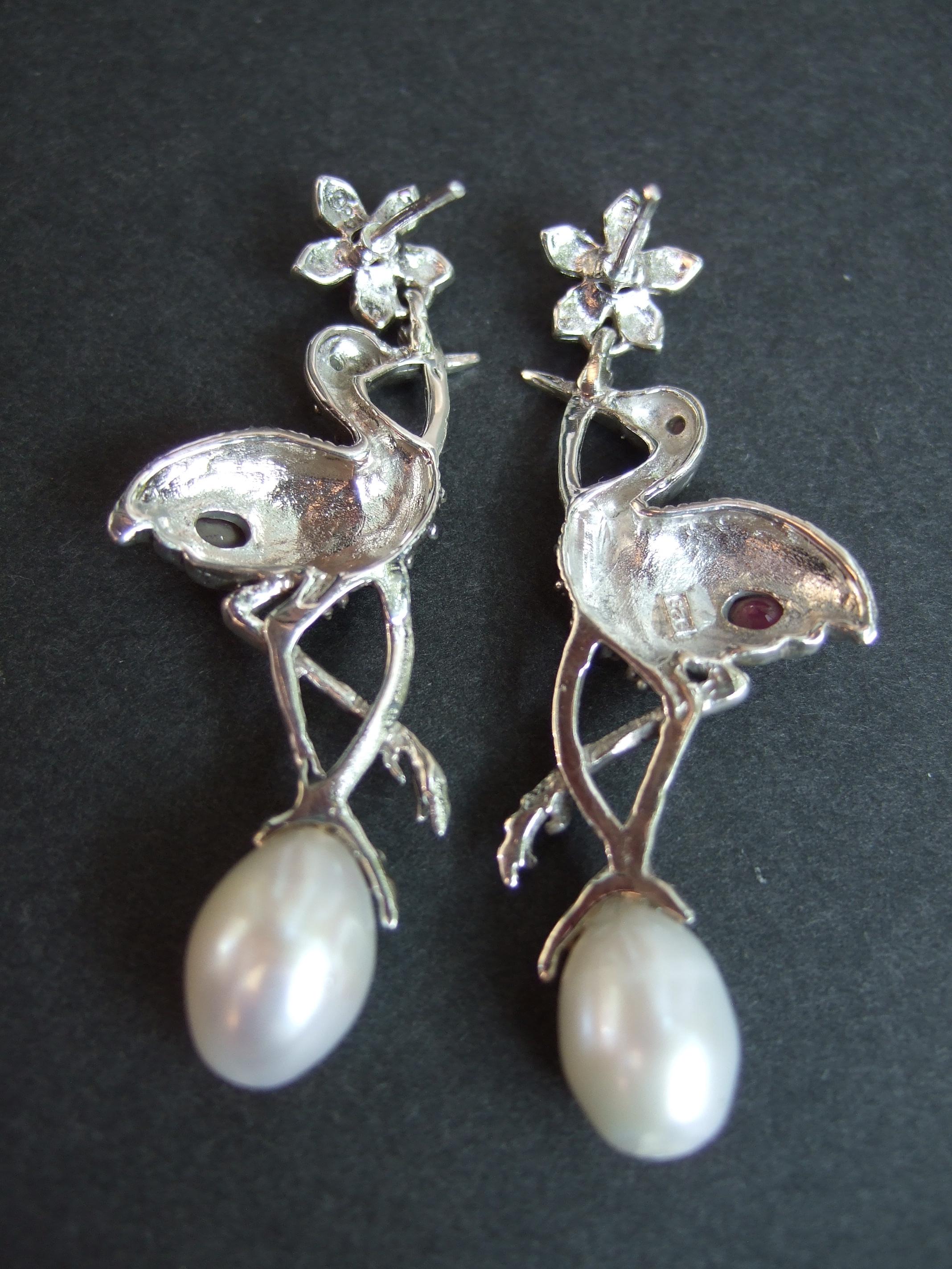 Sterling Silver Ruby Crystal Fresh Water Pearl Marcasite Bird Earrings 21st c For Sale 2