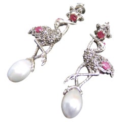 Sterling Silber Rubin Kristall Süßwasserperle Marcasite Vogel Ohrringe 21st c