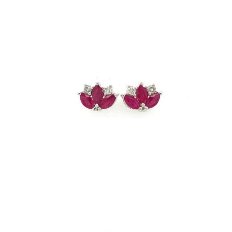 Marquise Cut Sterling Silver Ruby Diamond Lotus Flower Everyday Stud Earrings for Her For Sale
