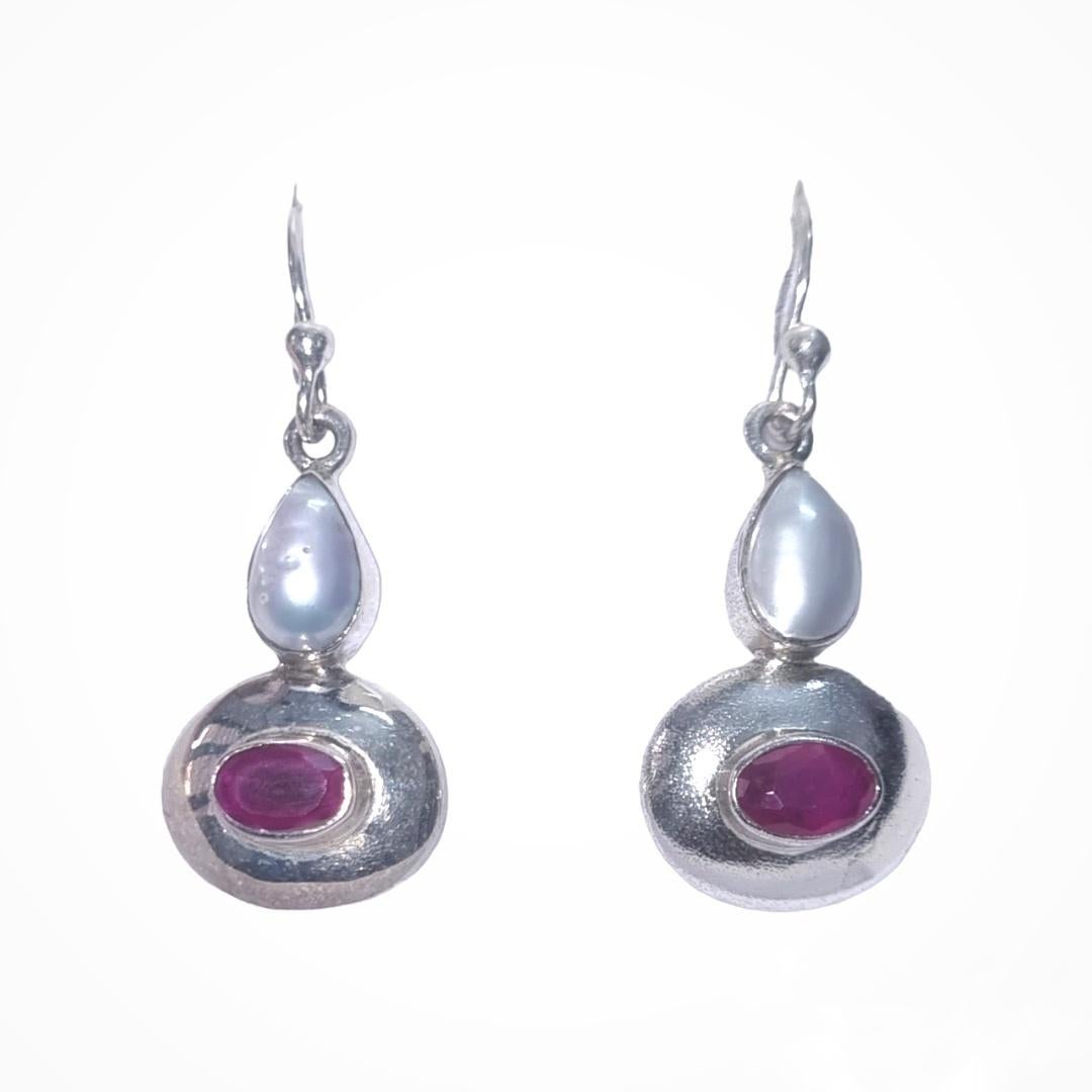 Artisan Sterling silver ruby & pearl earrings  For Sale