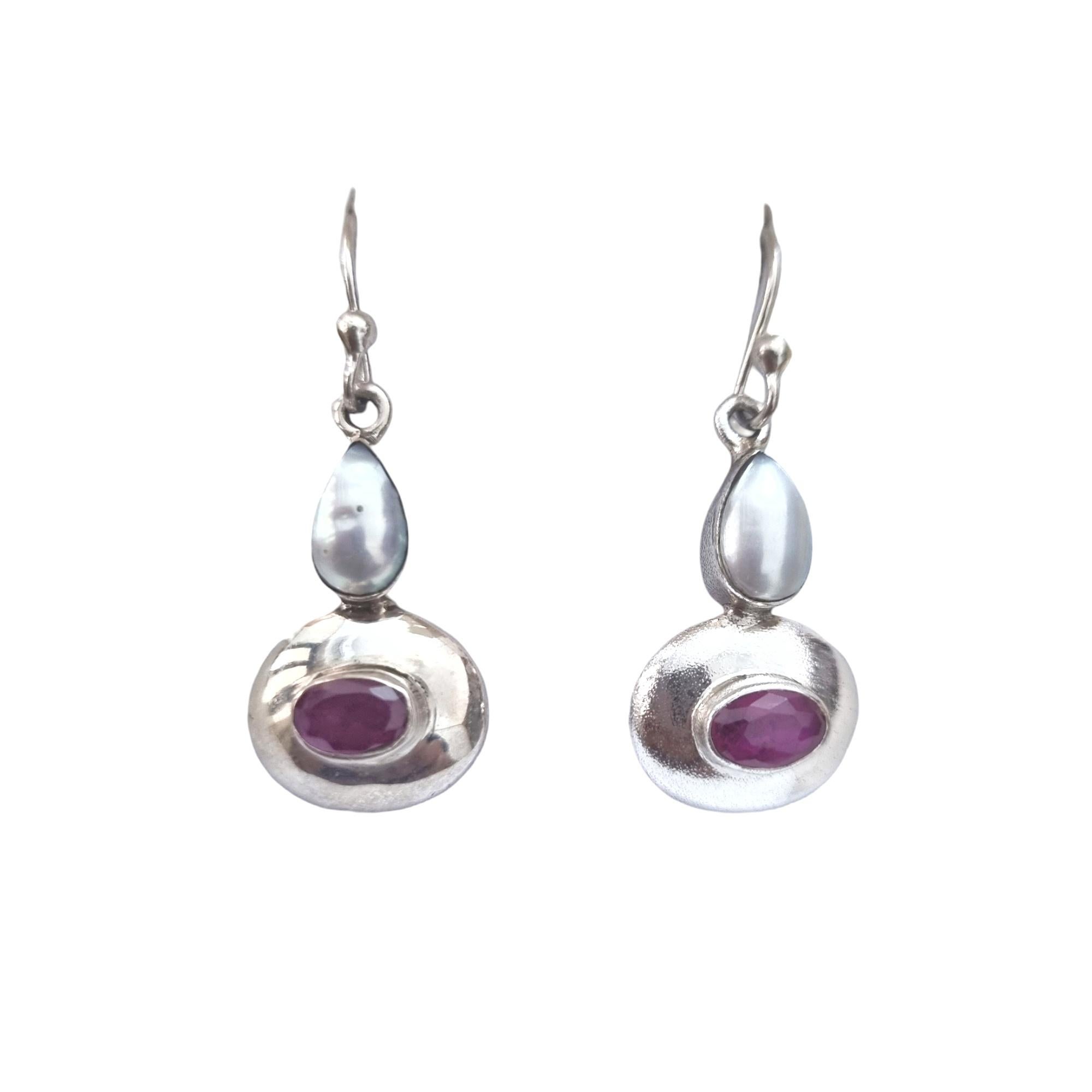 Oval Cut Sterling silver ruby & pearl earrings  For Sale